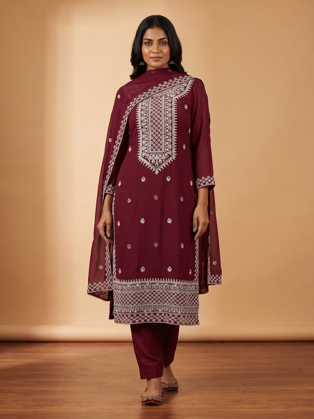 Maroon Embroidered Georgette Dress Material - Image 1