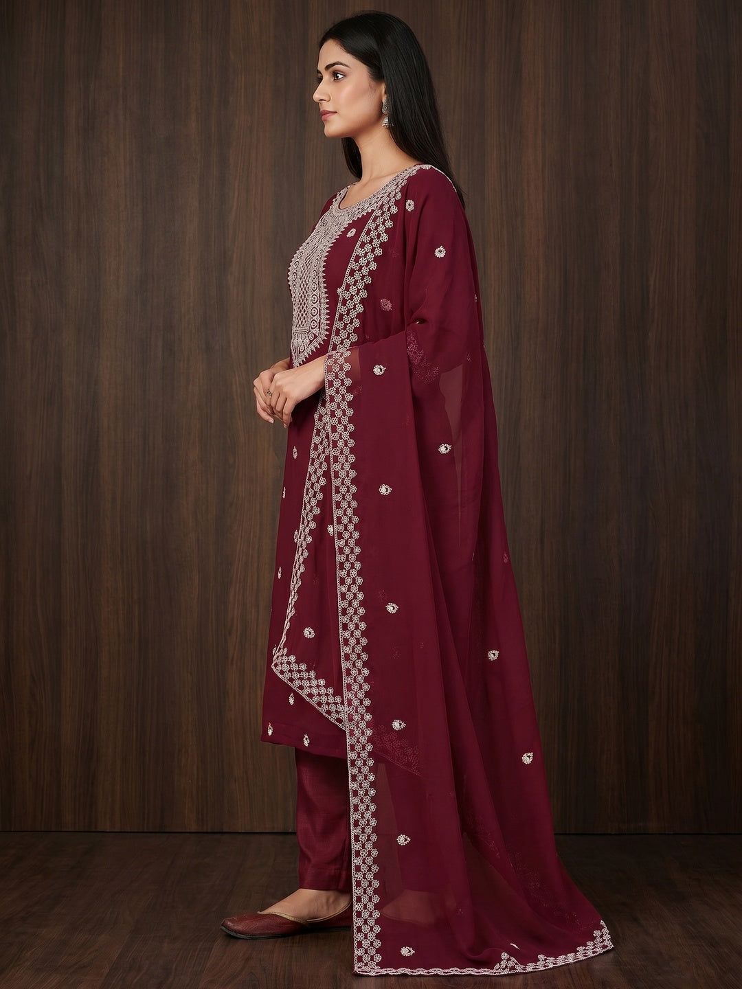 Maroon Embroidered Georgette Dress Material - Image 2