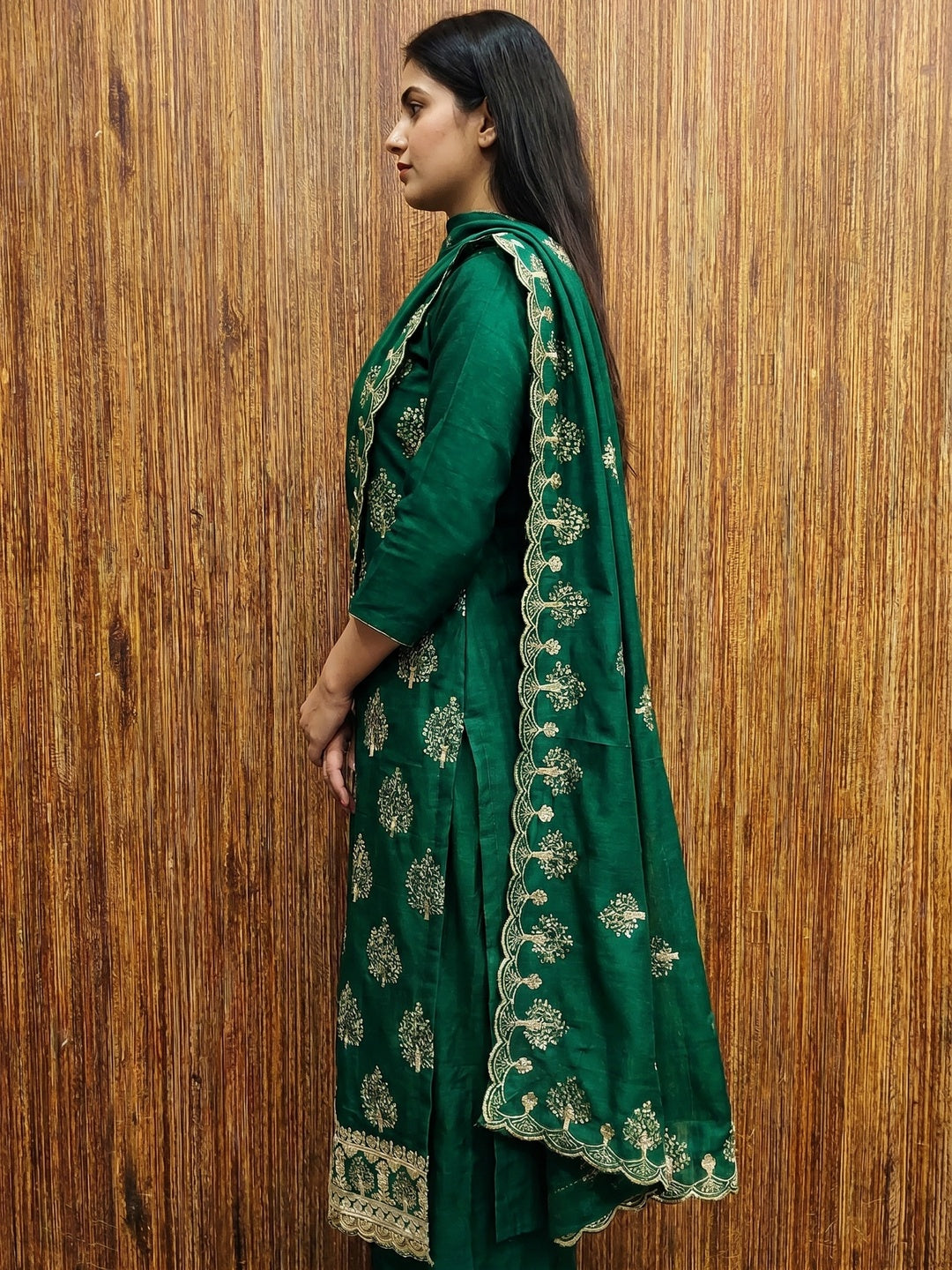 Green Sequins Embroidered Vichitra Silk Dress Material - Image 2