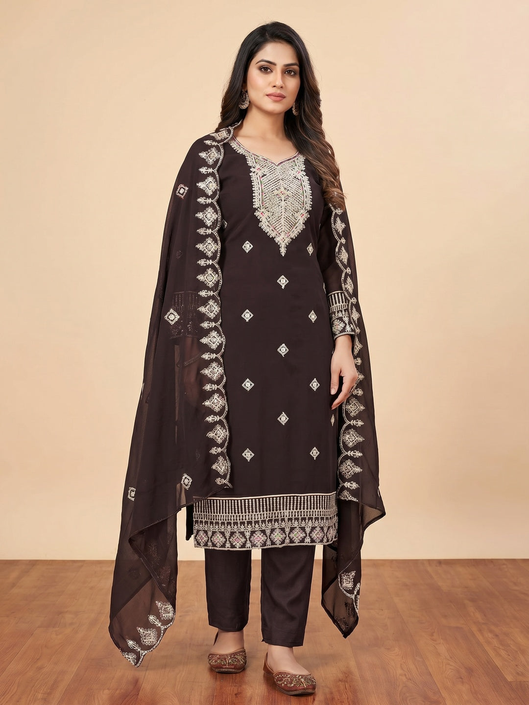 Brown Sequins Embroidered Georgette Dress Material - Image 1