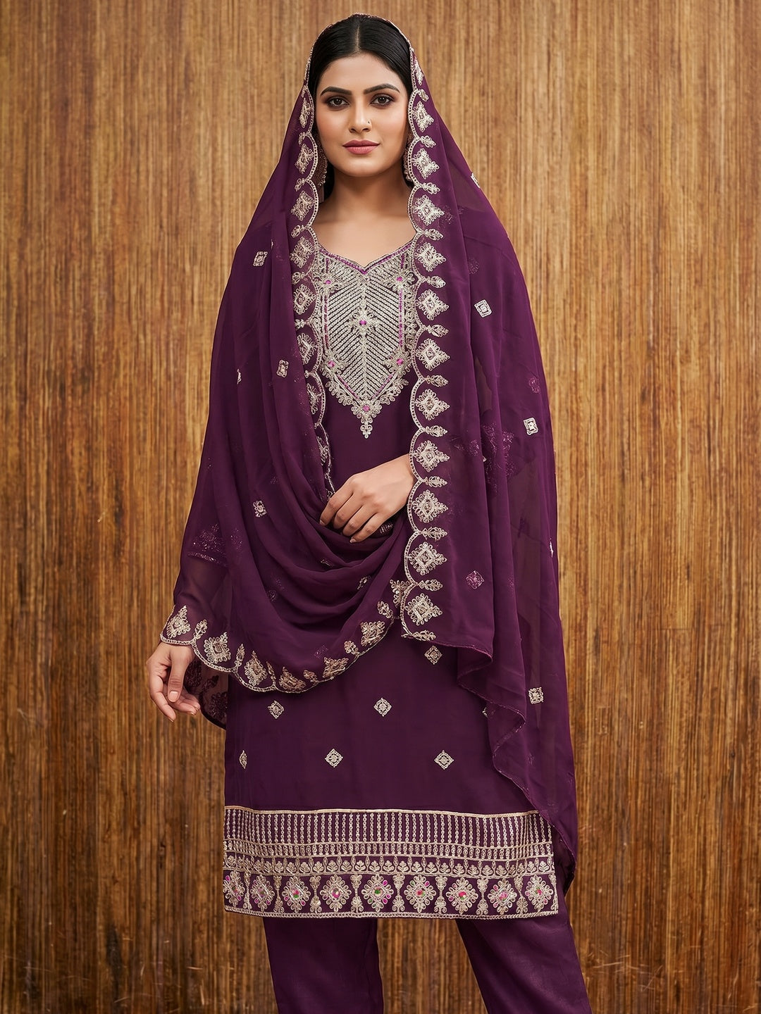 Purple Sequins Embroidered Georgette Dress Material - Image 1