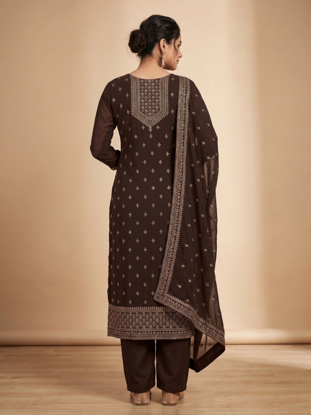 Brown Sequins Embroidered Georgette Dress Material - Image 2