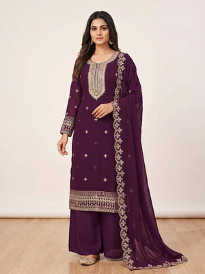 Purple Floral Embroidered Georgette Dress Material - Image 1