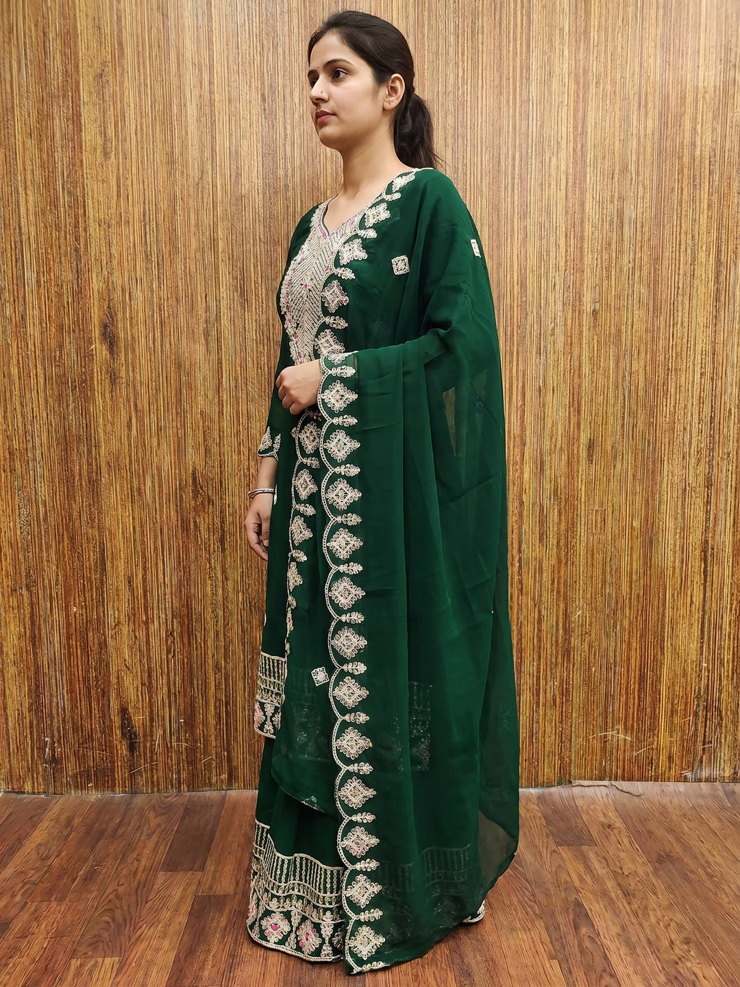 Green Sequins Embroidered Georgette Dress Material - Image 2