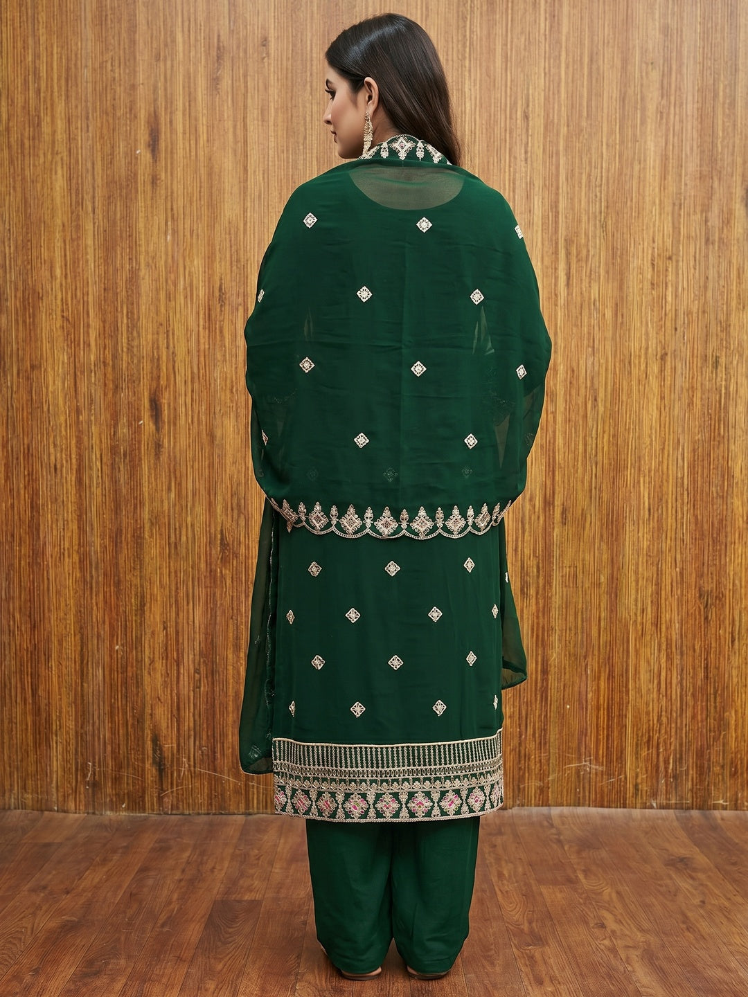 Green Sequins Embroidered Georgette Dress Material - Image 3