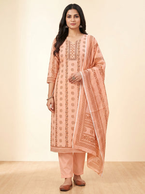 Peach Floral Printed Cotton Blend Dress Material - Image 1