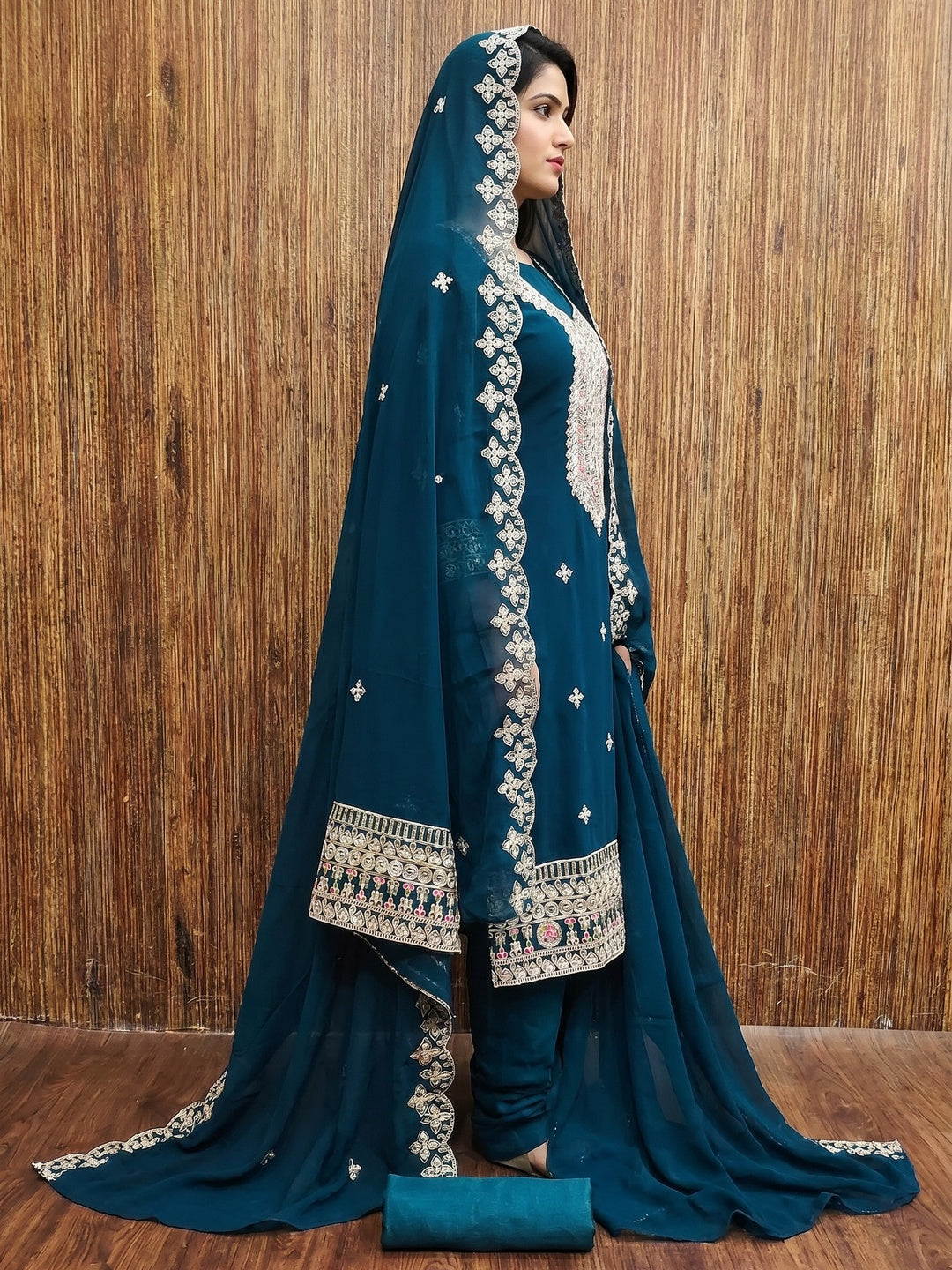 Morpich Floral Embroidered Georgette Dress Material - Image 2