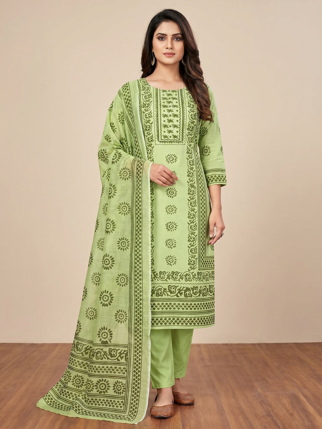 Green Floral Printed Cotton Blend Dress Material - Image 1
