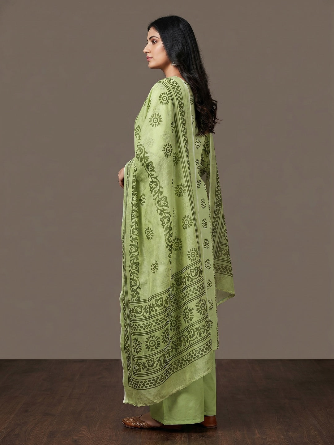 Green Floral Printed Cotton Blend Dress Material - Image 2