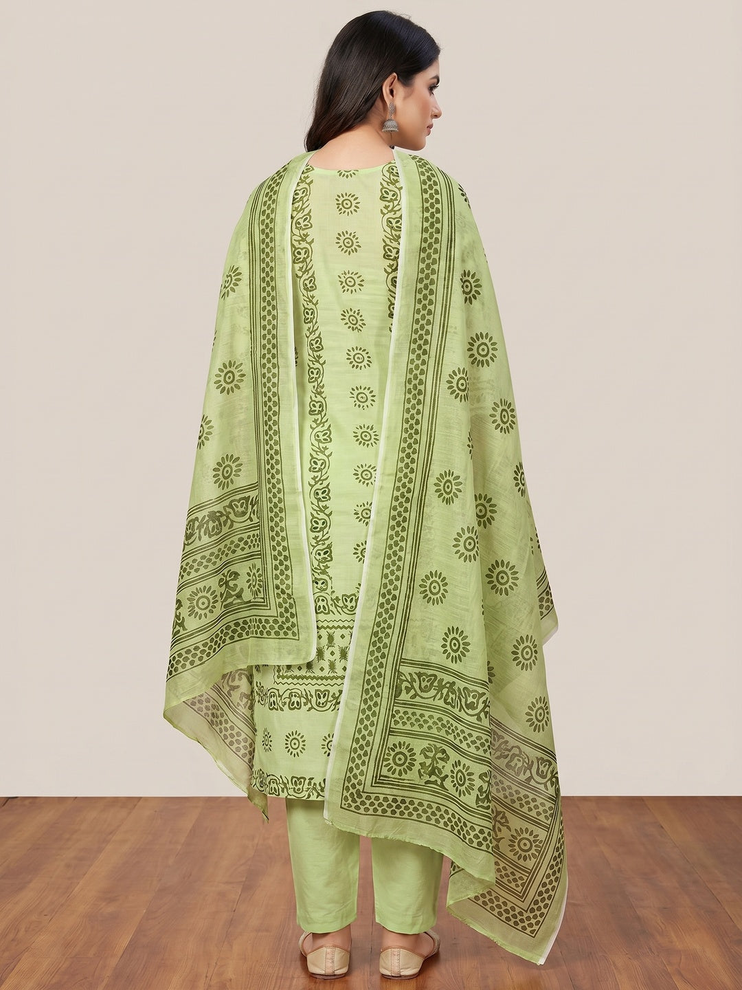 Green Floral Printed Cotton Blend Dress Material - Image 3