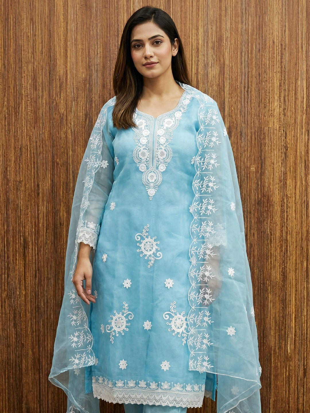 Blue Floral Embroidered Organza Dress Material - Image 1