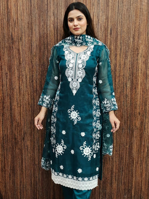 Teal Floral Embroidered Organza Dress Material - Image 1