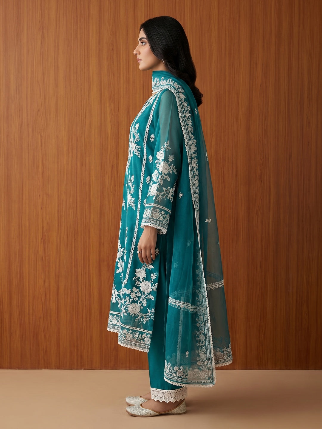 Teal Floral Embroidered Organza Dress Material - Image 3