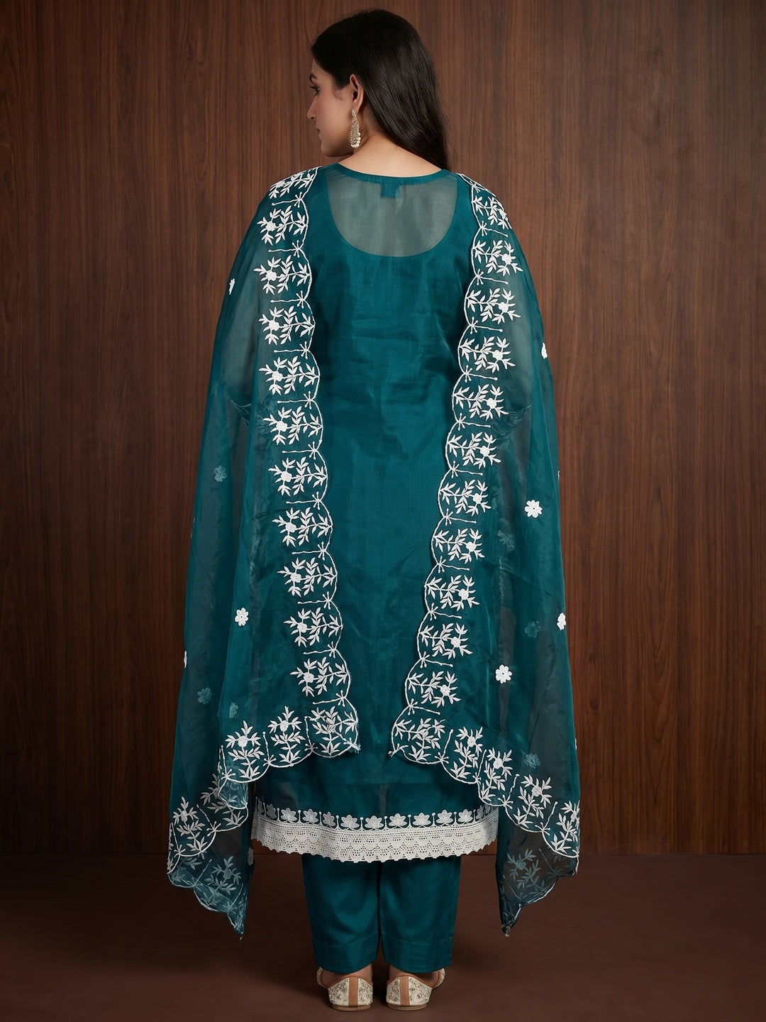Teal Floral Embroidered Organza Dress Material - Image 2
