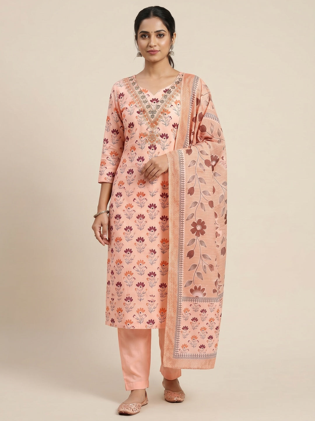 Peach Floral Printed Embroidery Work Pure Cotton Dress Material - Image 1