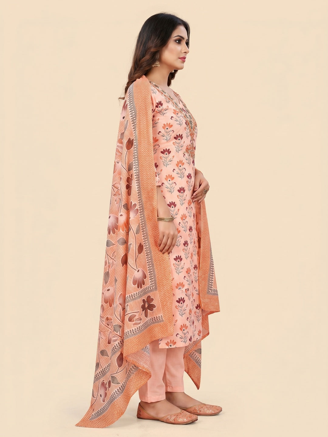 Peach Floral Printed Embroidery Work Pure Cotton Dress Material - Image 2
