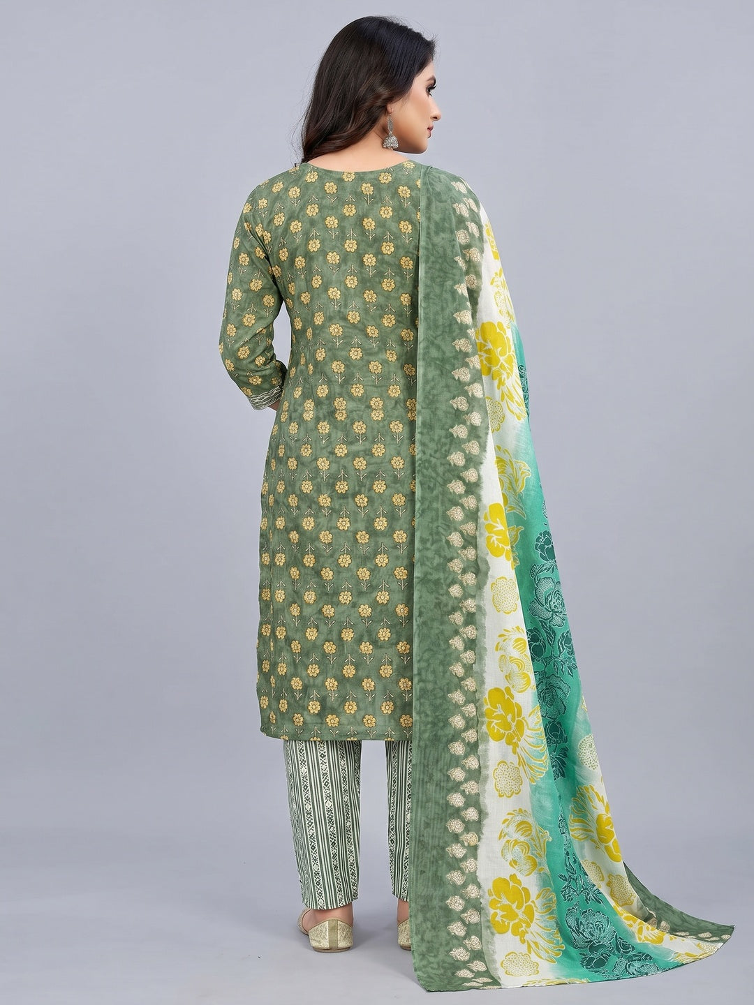 Green Floral Printed Pure Cotton Dress Material - Image 3