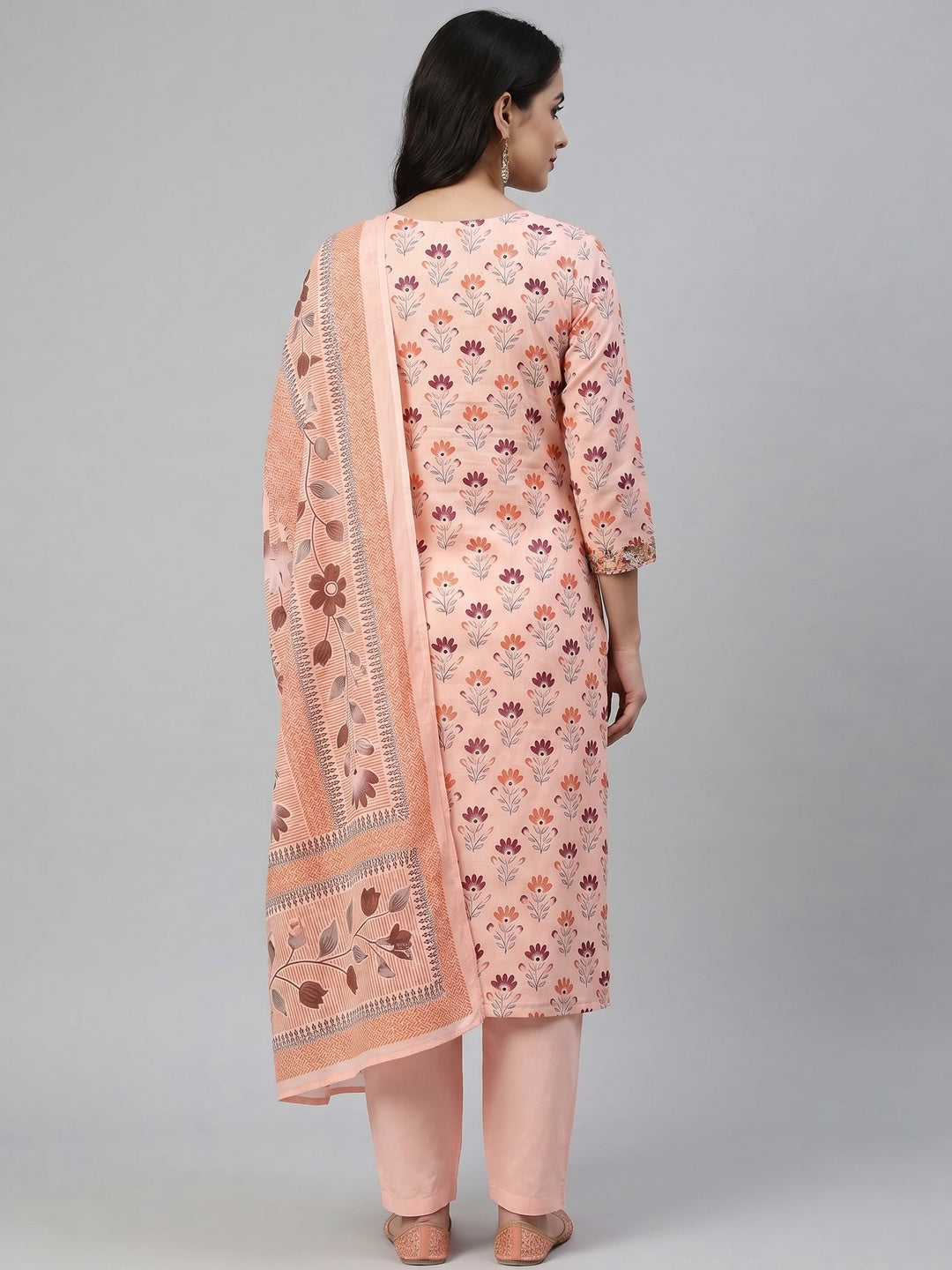 Peach Floral Printed Embroidery Work Pure Cotton Dress Material - Image 3