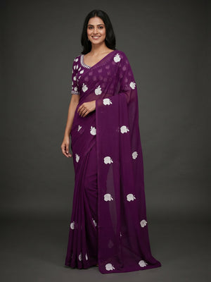 Purple Embroidered Georgette Saree - Image 1
