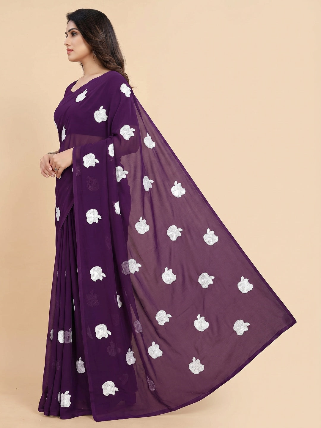 Purple Embroidered Georgette Saree - Image 4