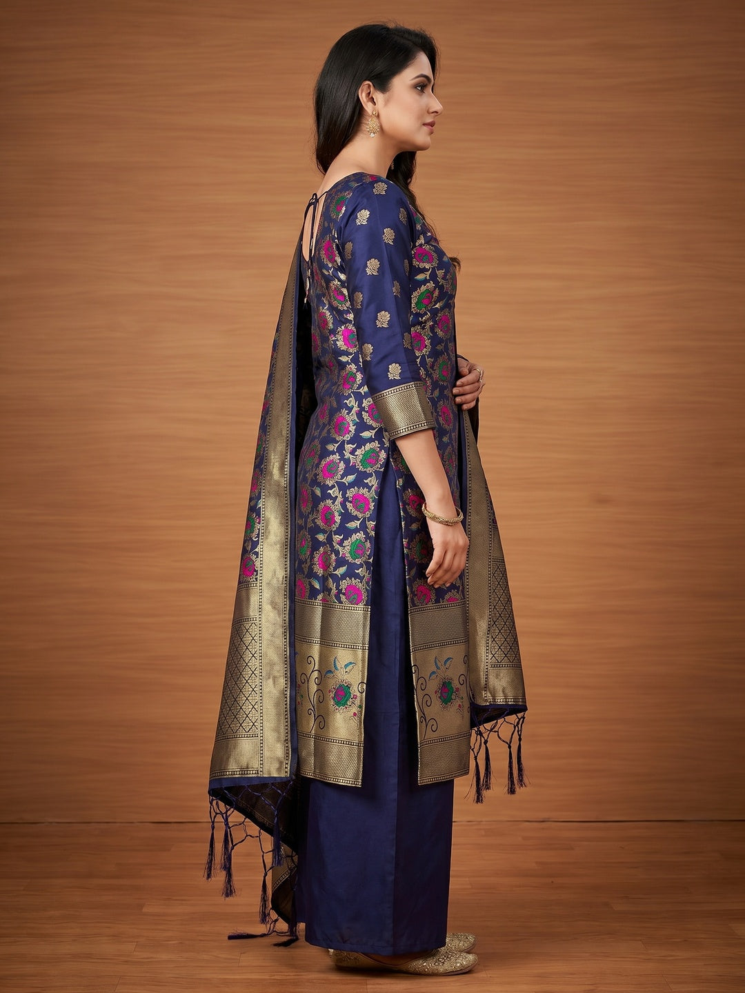 Navy Blue Floral Woven Banarasi Silk Dress Material - Image 3