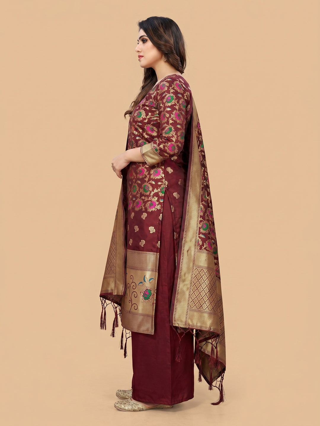 Maroon Floral Woven Banarasi Silk Dress Material - Image 2