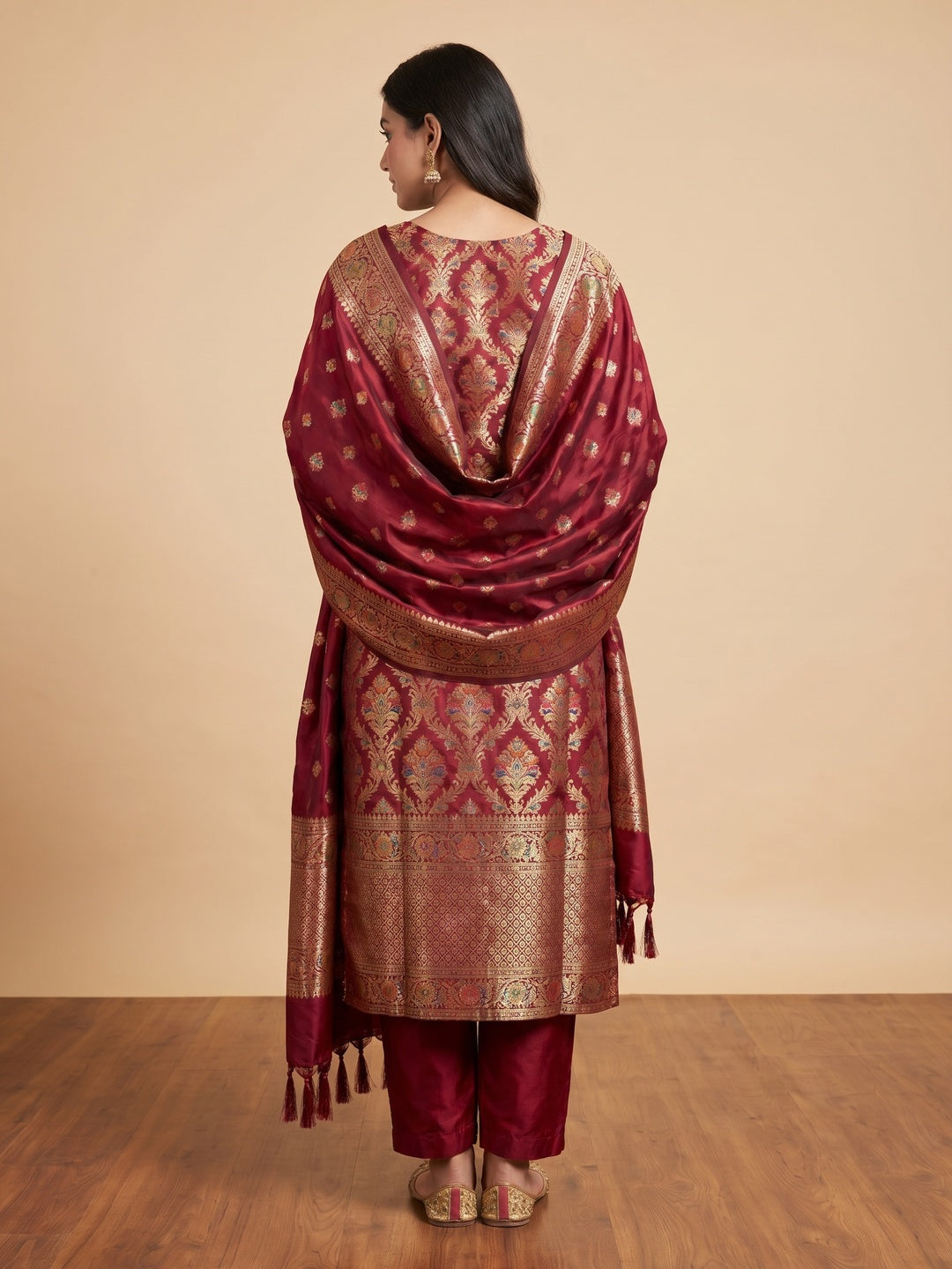 Maroon Floral Woven Banarasi Silk Dress Material - Image 3