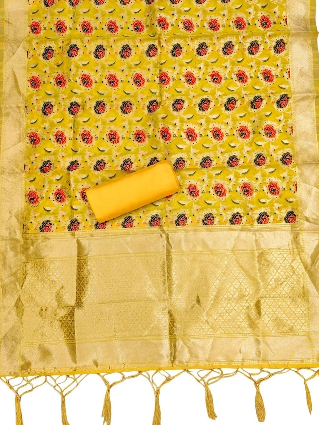 Yellow Floral Woven Banarasi Silk Dress Material - Image 2