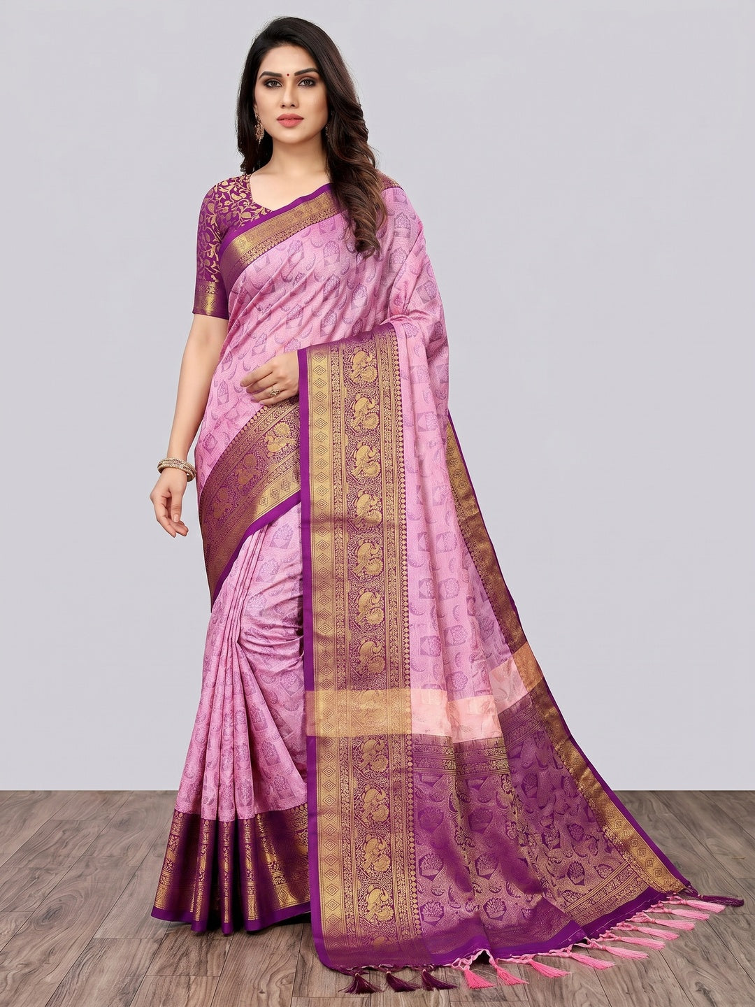 Pink Woven Cotton Silk Saree With Tassels - Image 1