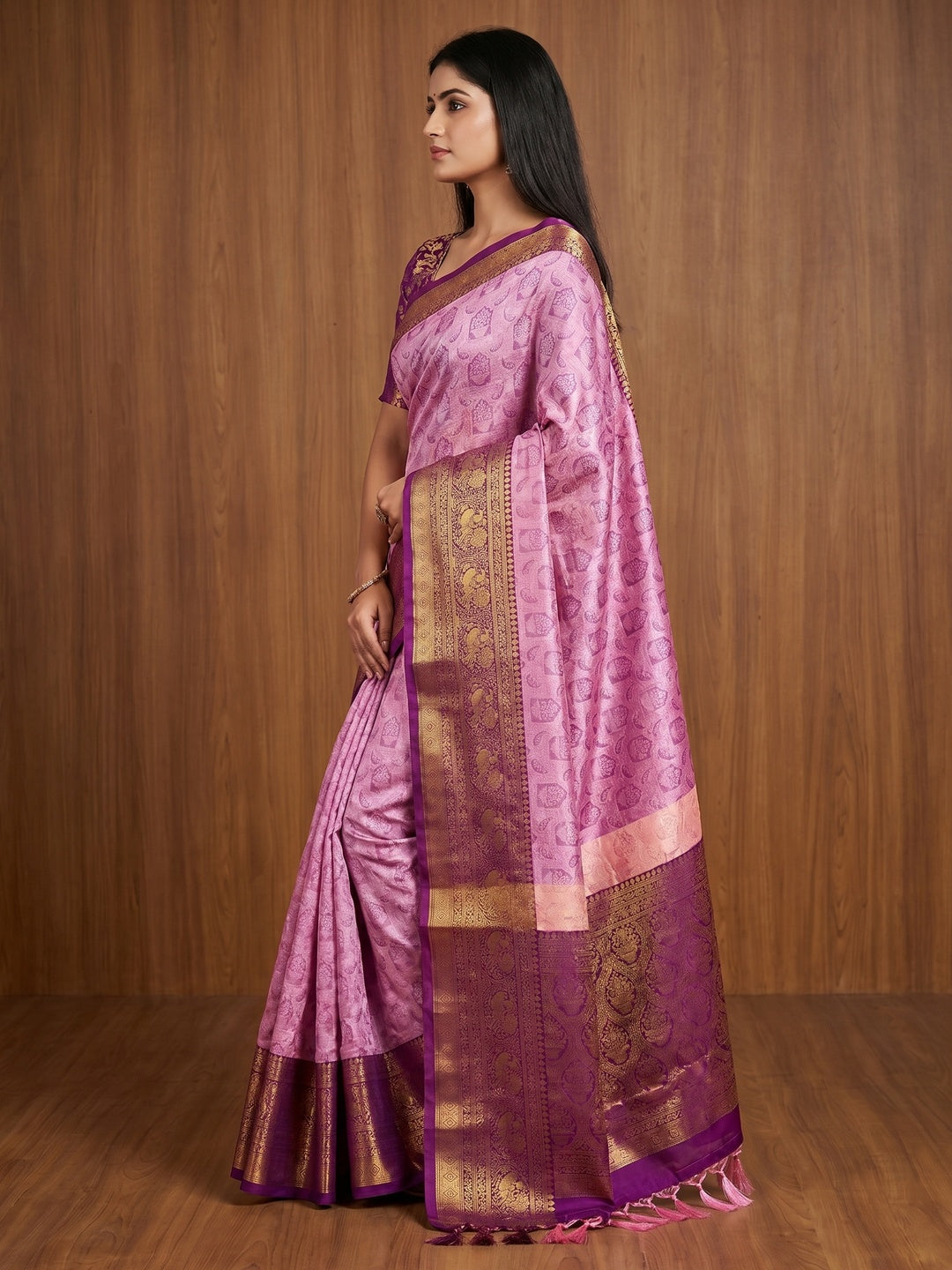 Pink Woven Cotton Silk Saree With Tassels - Image 2