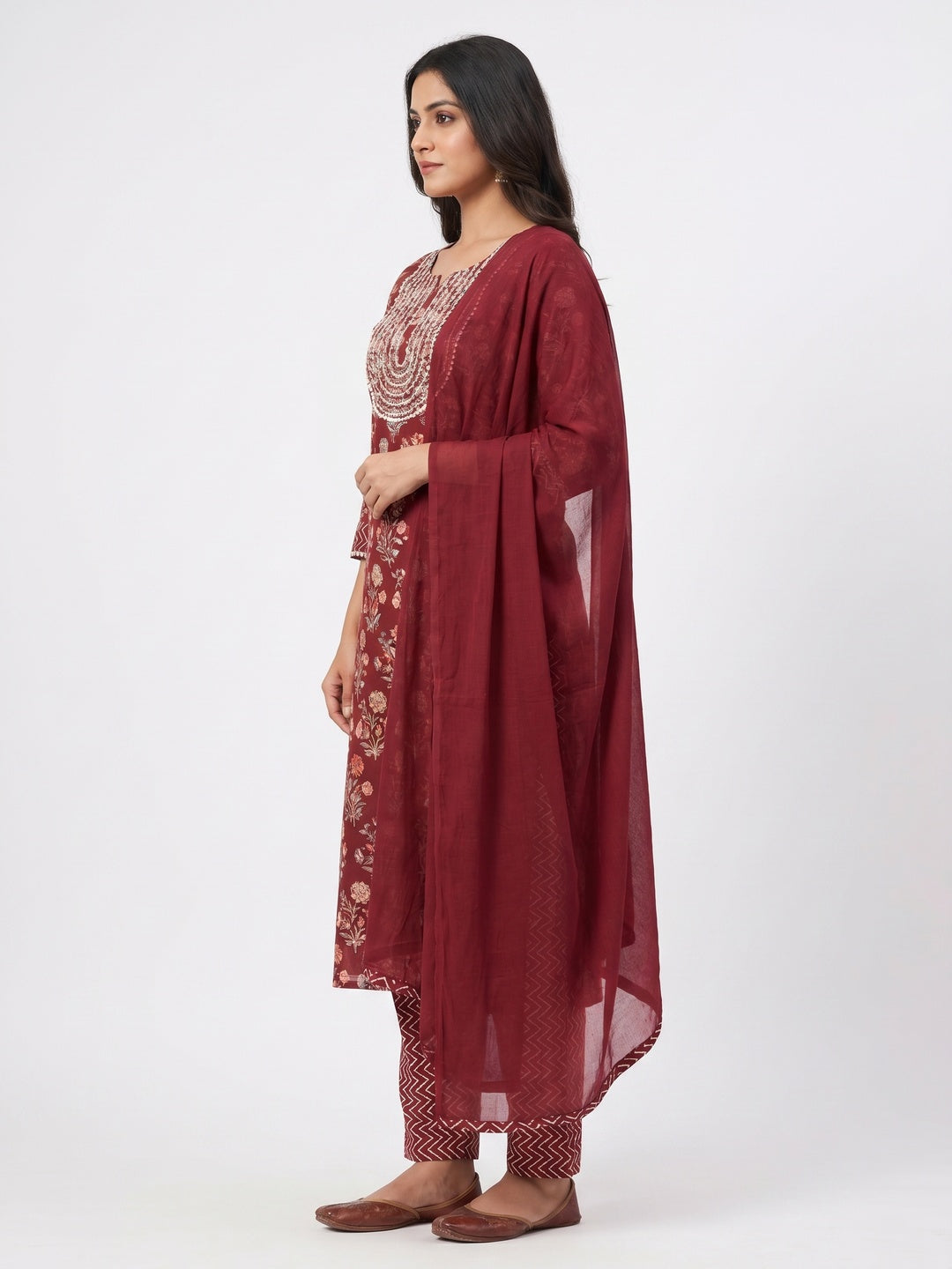 Maroon Floral Printed With Stone Work Yoke Pure Cotton Dress Material - Image 3