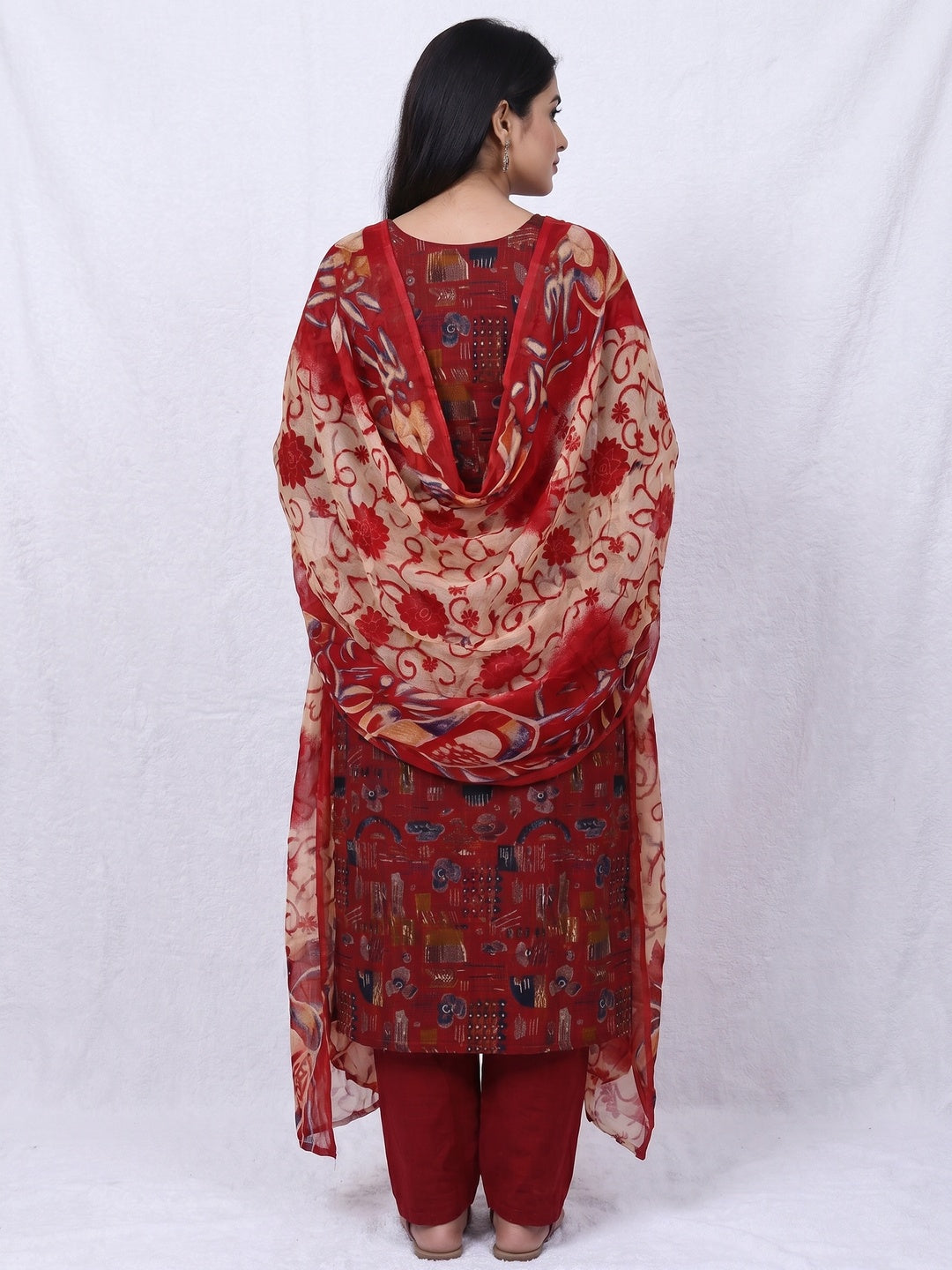 Maroon Floral Printed With Stone Work Yoke Pure Cotton Dress Material - Image 2
