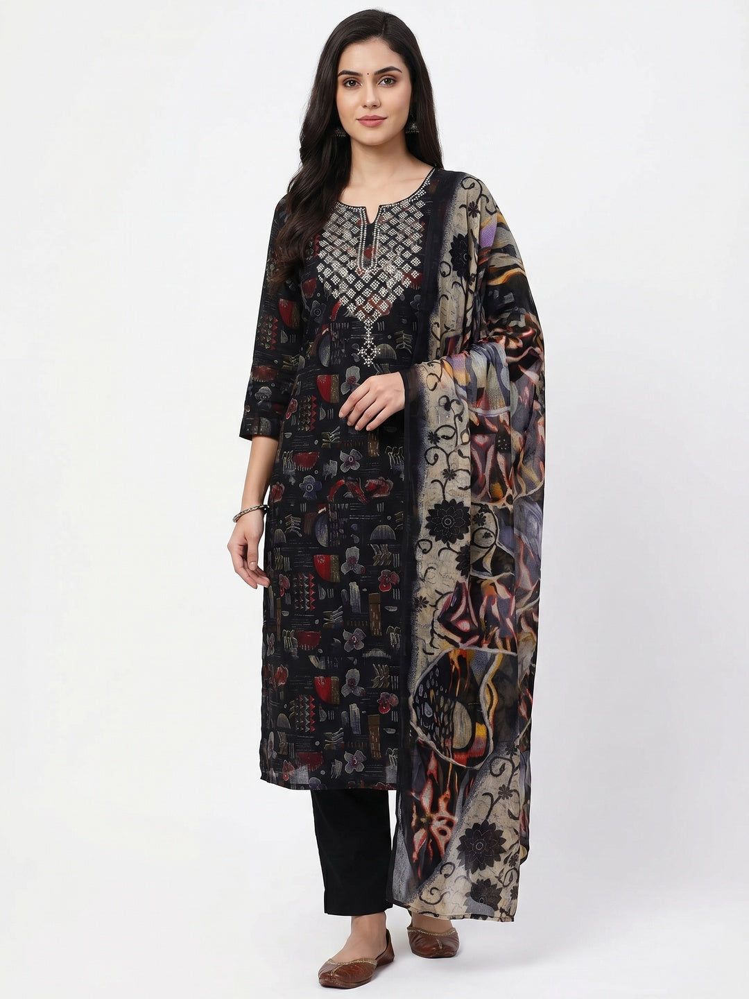 Black Floral Printed With Stone Work Yoke Pure Cotton Dress Material - Image 1