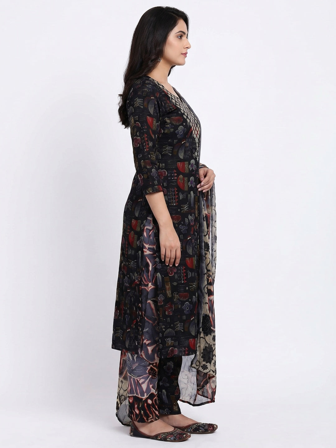 Black Floral Printed With Stone Work Yoke Pure Cotton Dress Material - Image 2