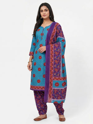 Blue Printed Pure Cotton Dress Material - Image 1