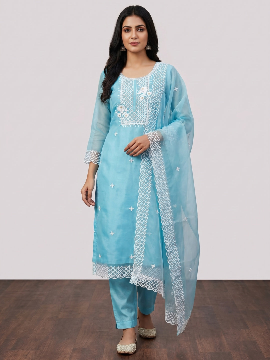 Sky Blue Floral Embroidered Organza Dress Material - Image 1
