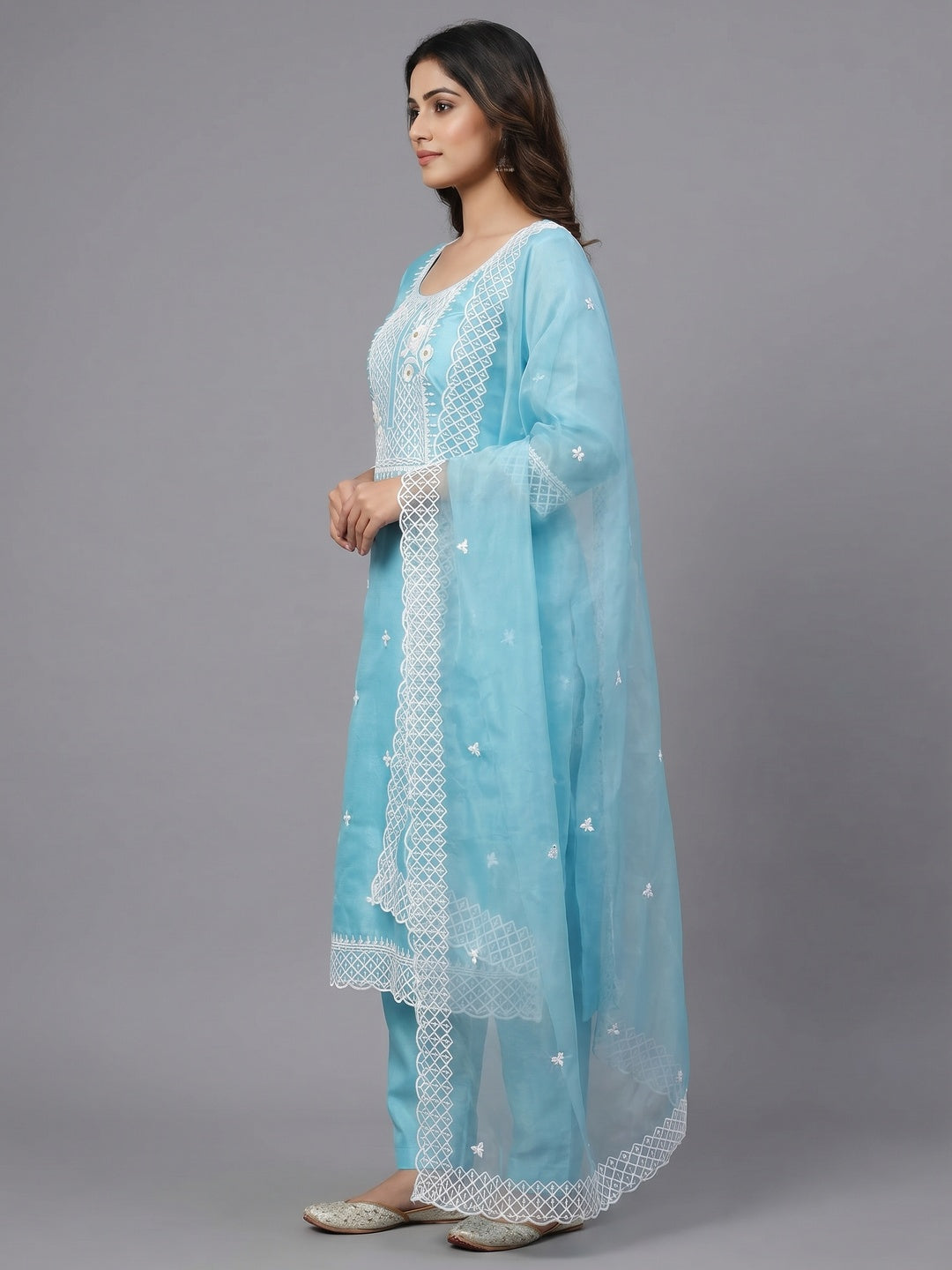 Sky Blue Floral Embroidered Organza Dress Material - Image 3