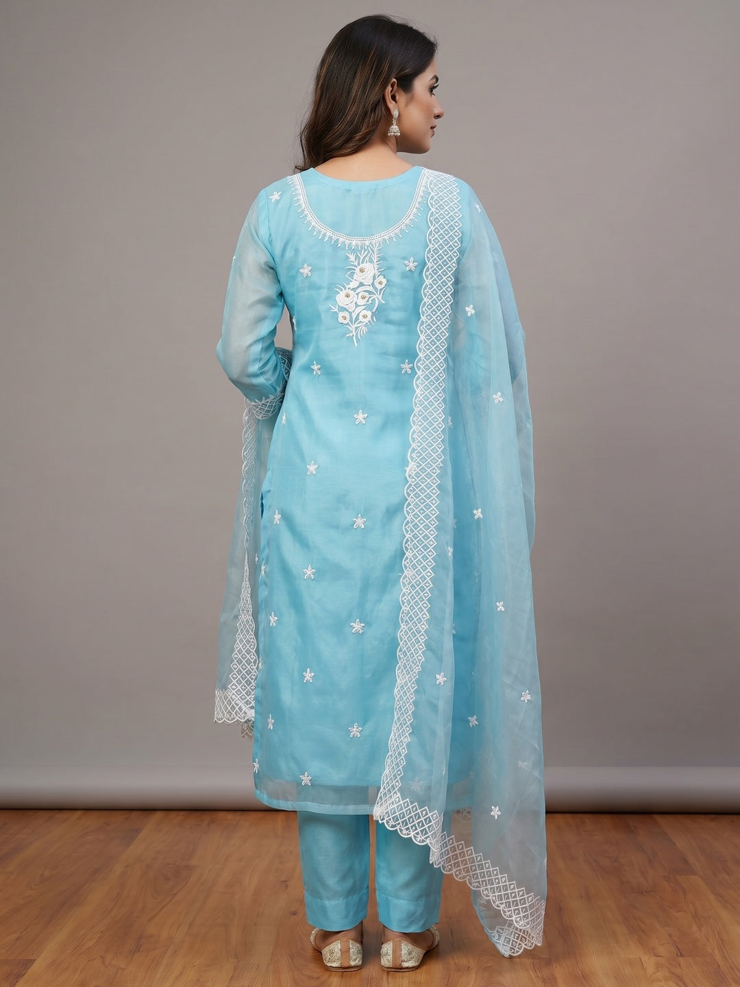 Sky Blue Floral Embroidered Organza Dress Material - Image 2