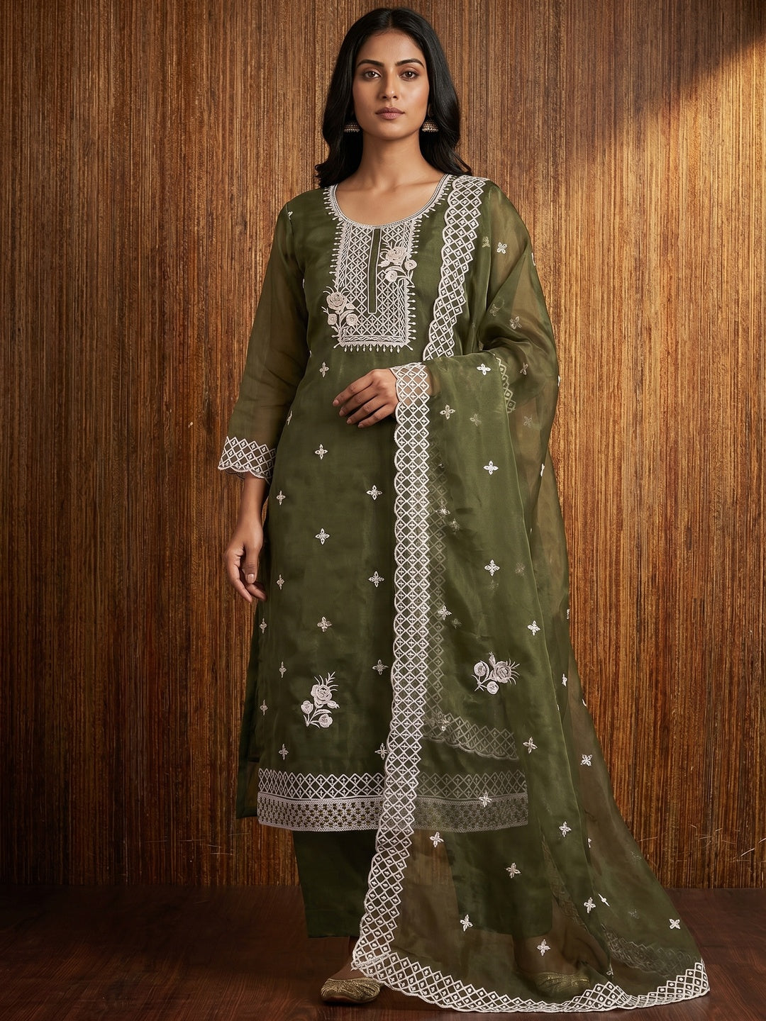 Mehandi Green Floral Embroidered Organza Dress Material - Image 1