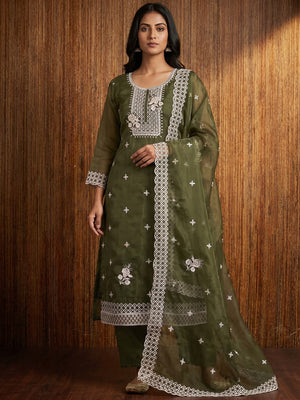 Mehandi Green Floral Embroidered Organza Dress Material - Image 1
