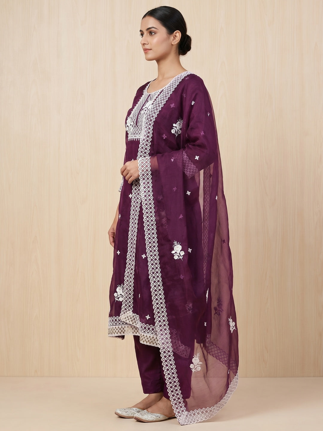Purple Floral Embroidered Organza Dress Material - Image 2