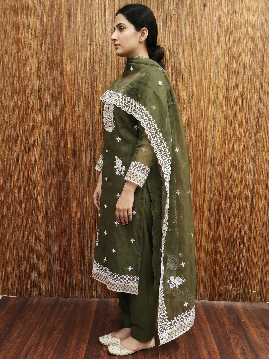 Mehandi Green Floral Embroidered Organza Dress Material - Image 2