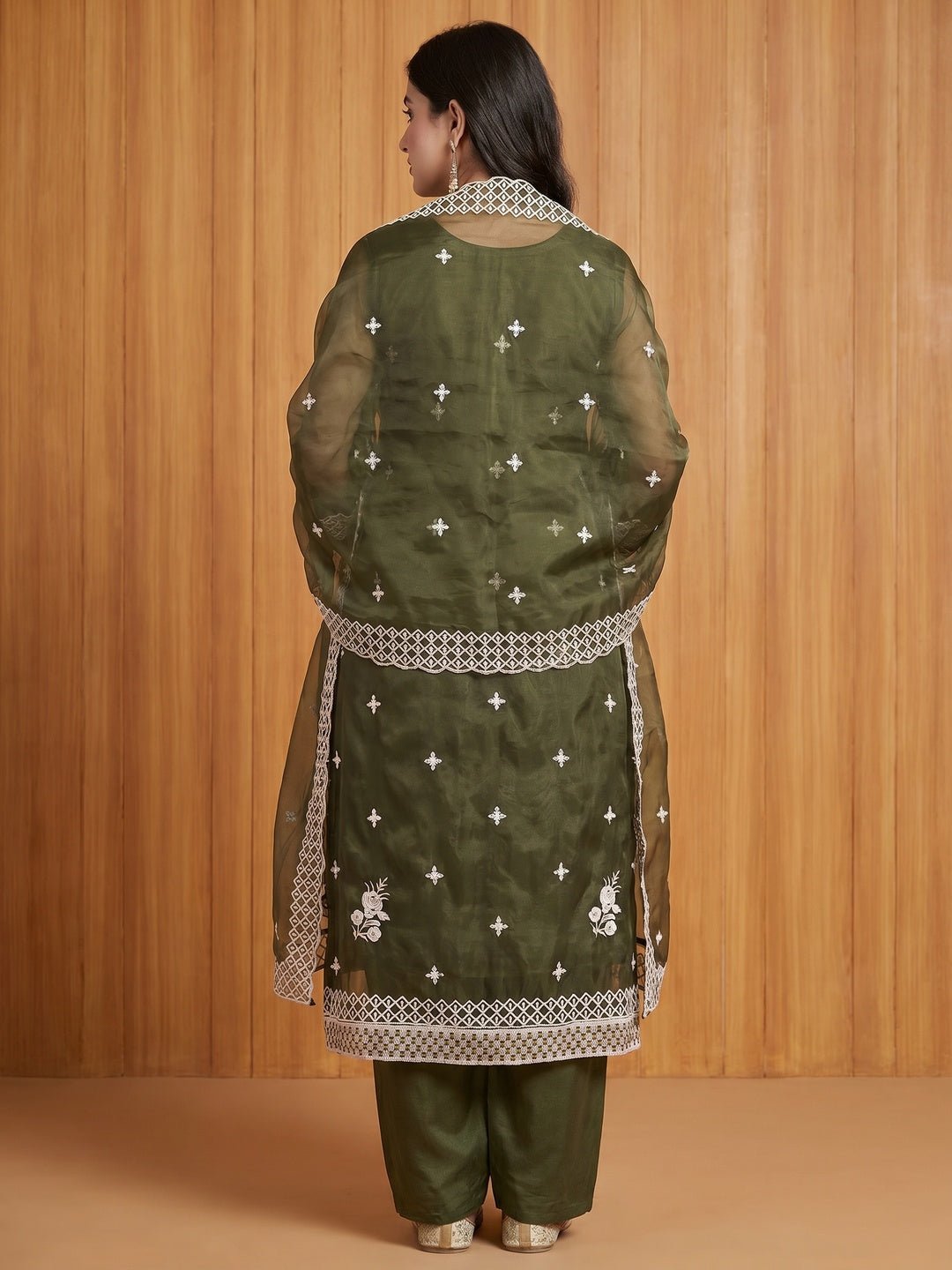 Mehandi Green Floral Embroidered Organza Dress Material - Image 3