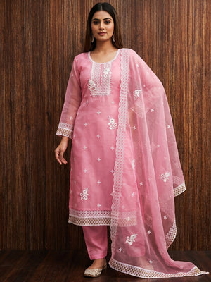 Pink Floral Embroidered Organza Dress Material - Image 1