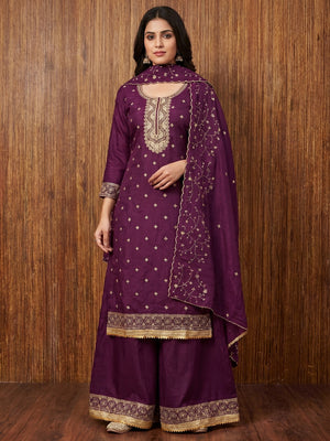 Purple Floral Embroidered Vichitra Silk Dress Material - Image 1