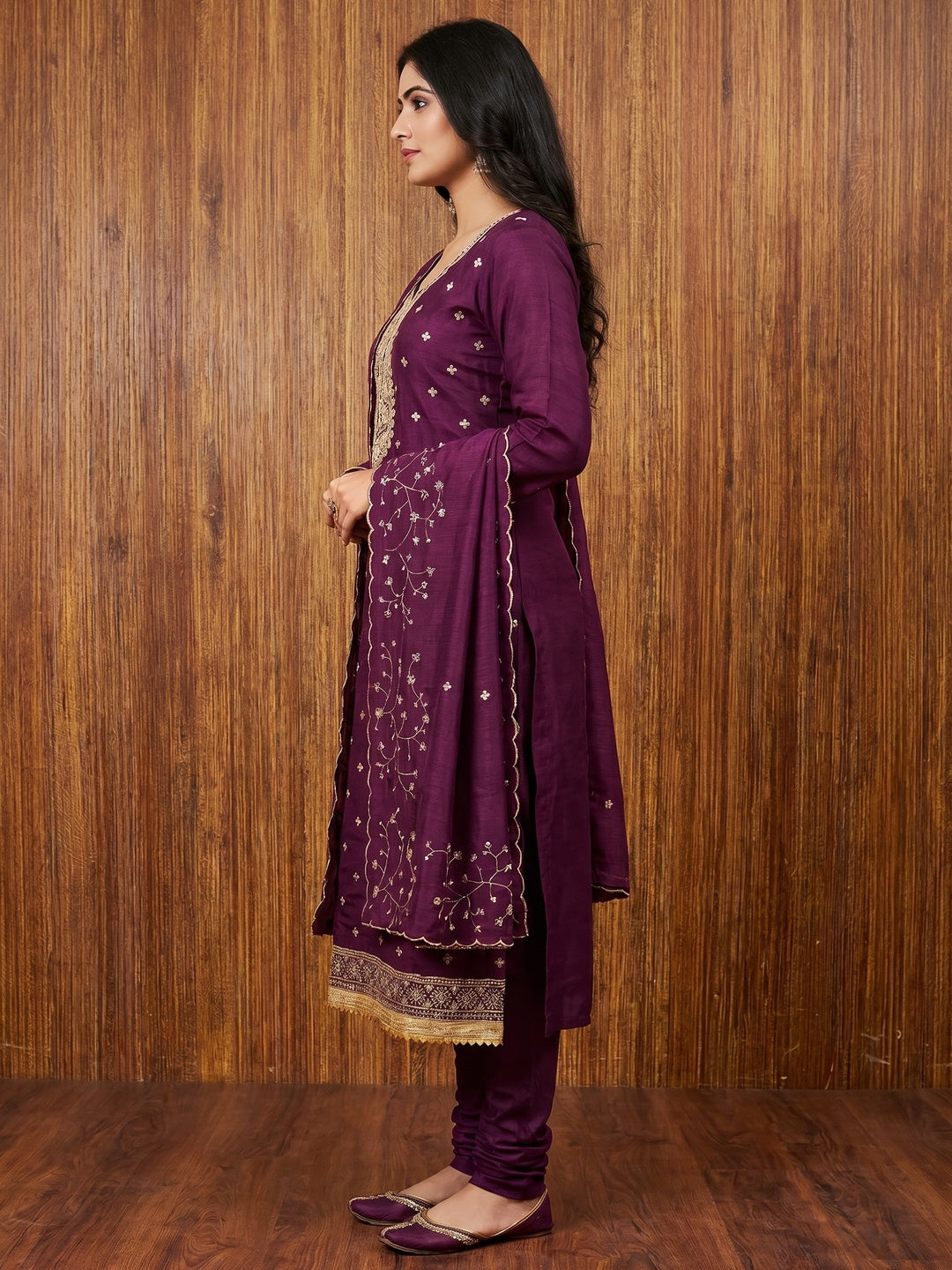 Purple Floral Embroidered Vichitra Silk Dress Material - Image 2