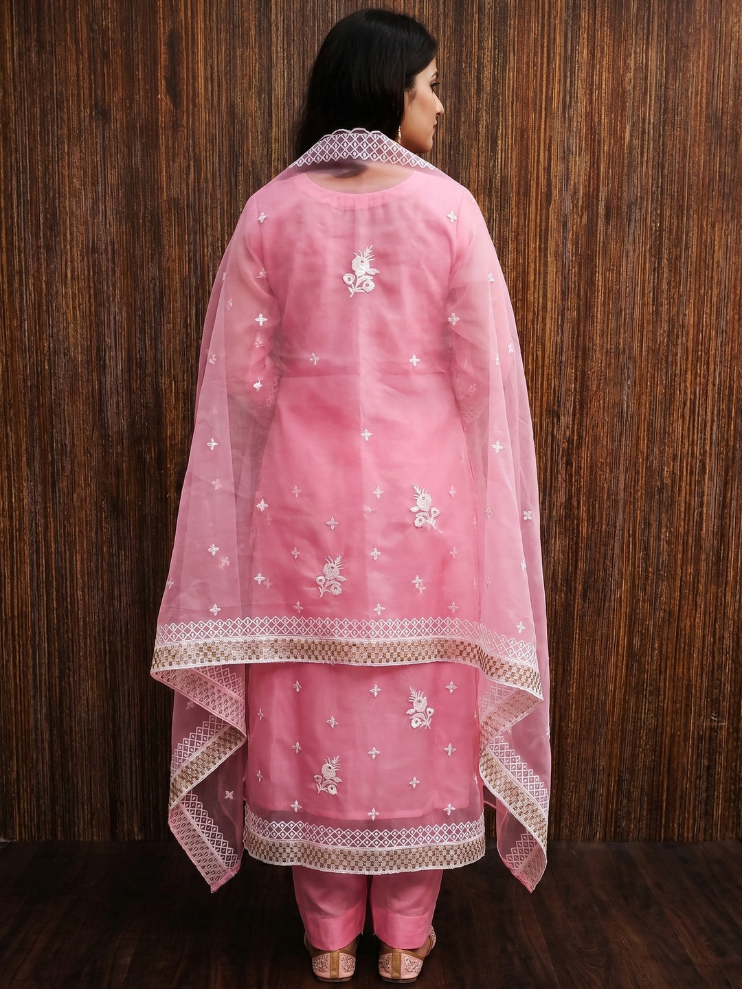 Pink Floral Embroidered Organza Dress Material - Image 2