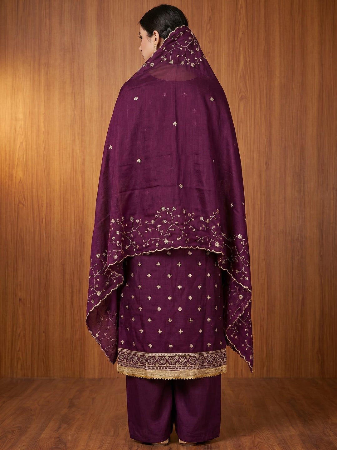 Purple Floral Embroidered Vichitra Silk Dress Material - Image 3