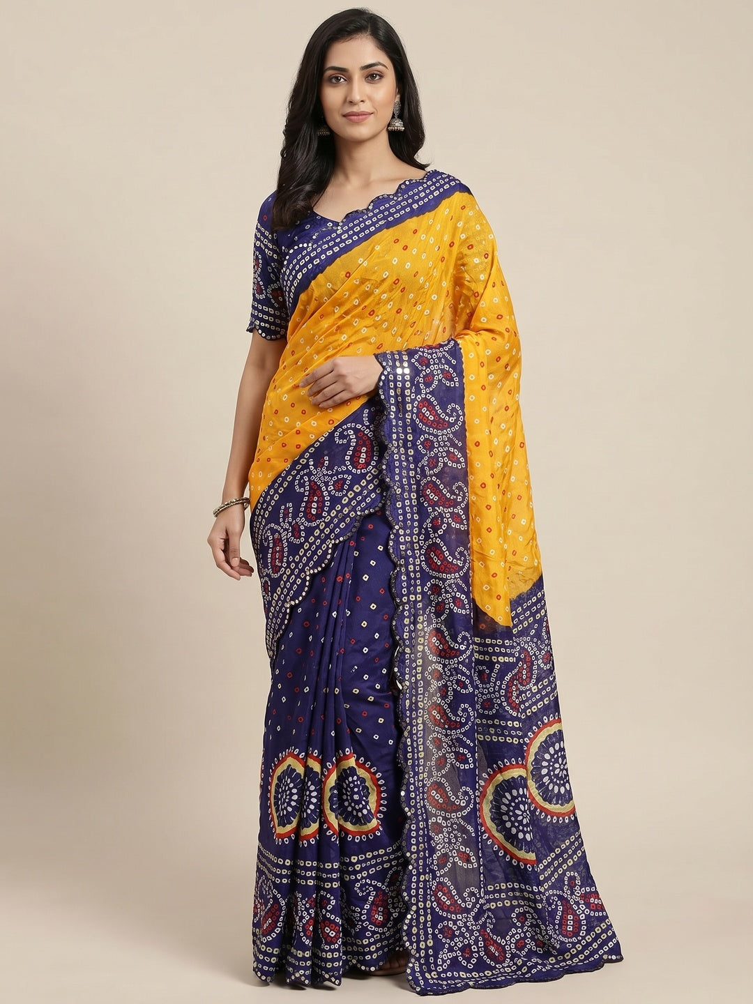 Mustard & Blue Bandhani Printed Chiffon Saree With Mirror Border - Image 1