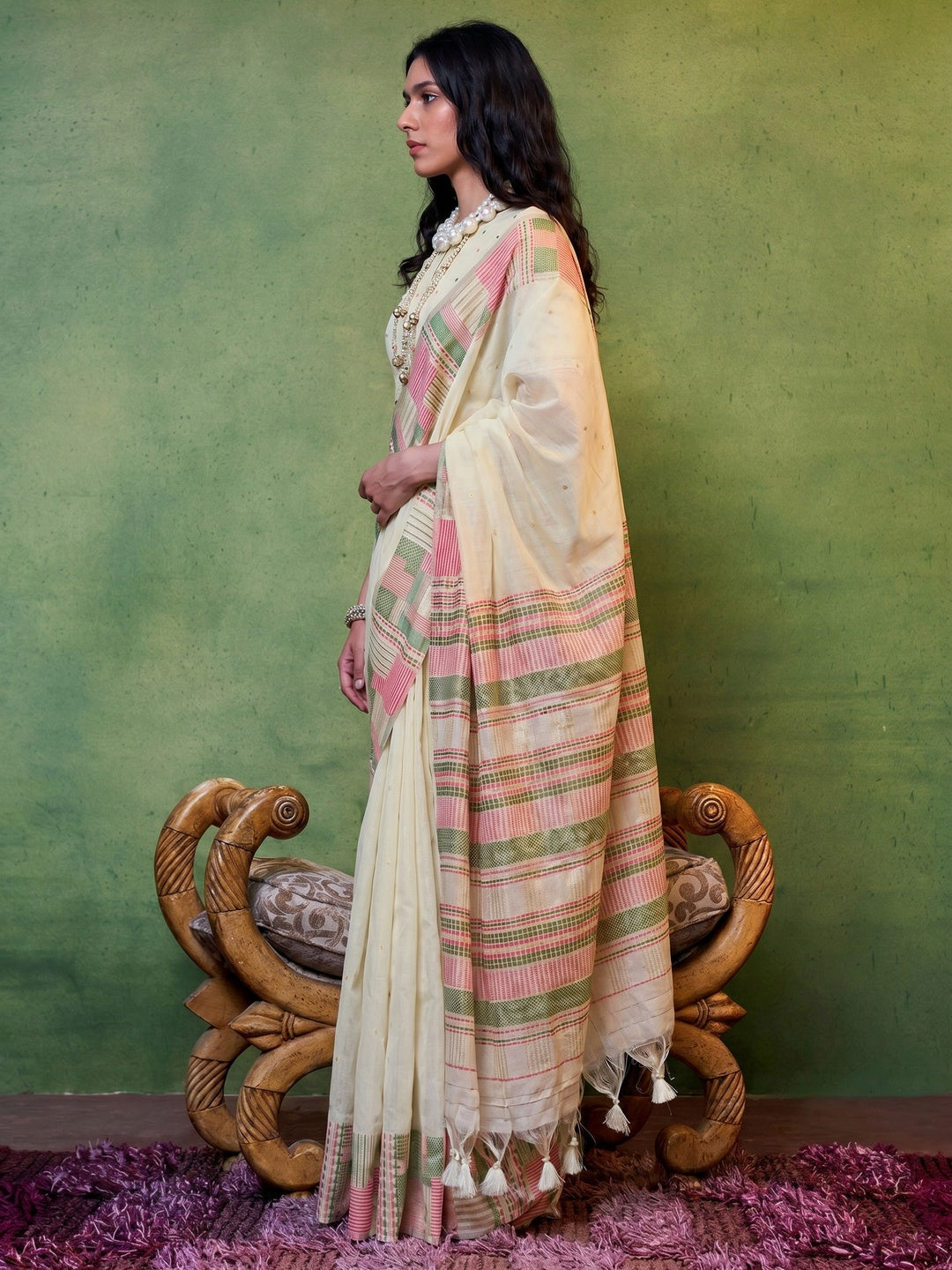 Cream Woven Cotton Silk Saree With Tassels - Image 1